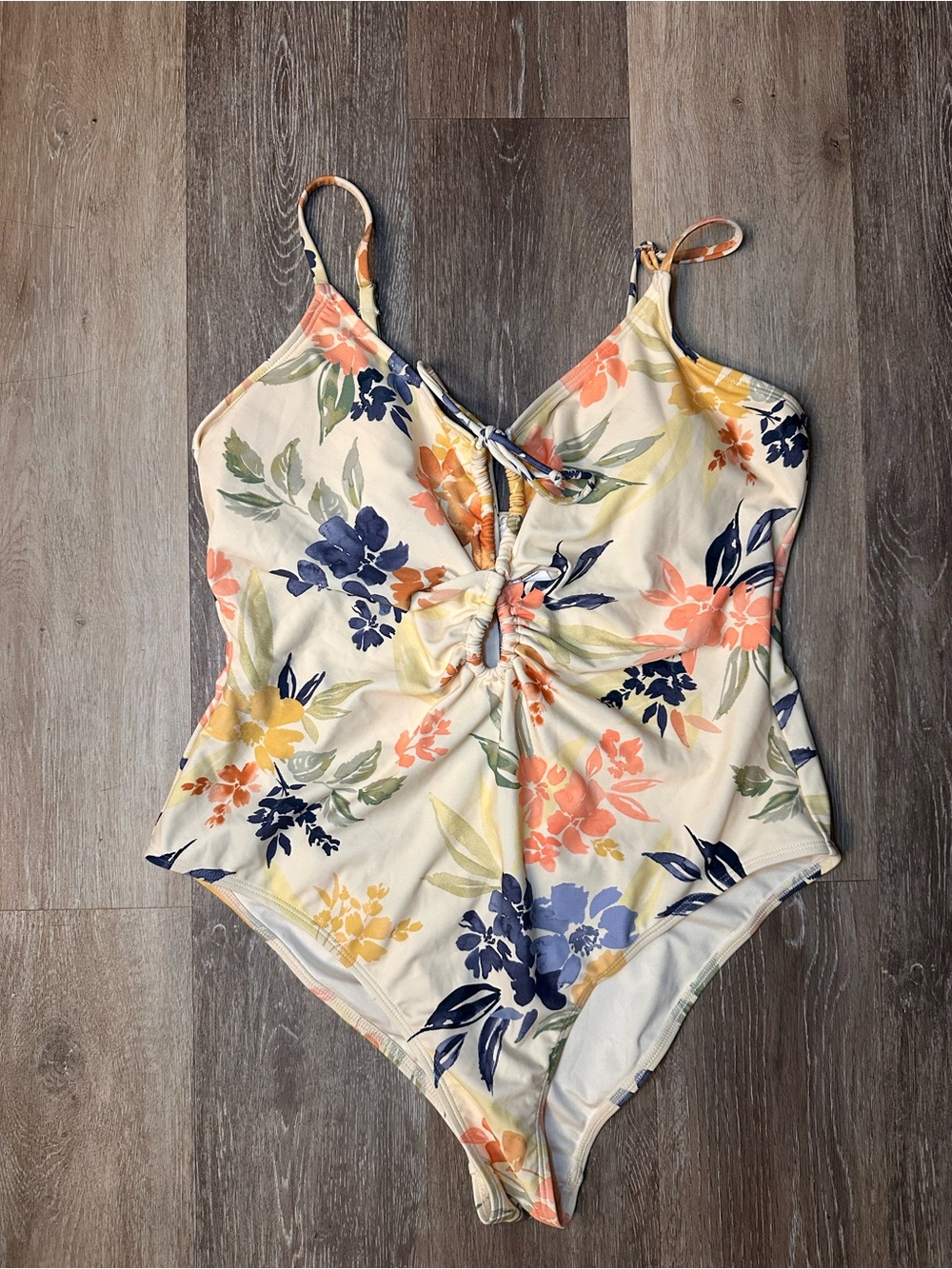 Cupshe Cream Floral One-Piece Swimsuit with Navy, Coral & Yellow Accents